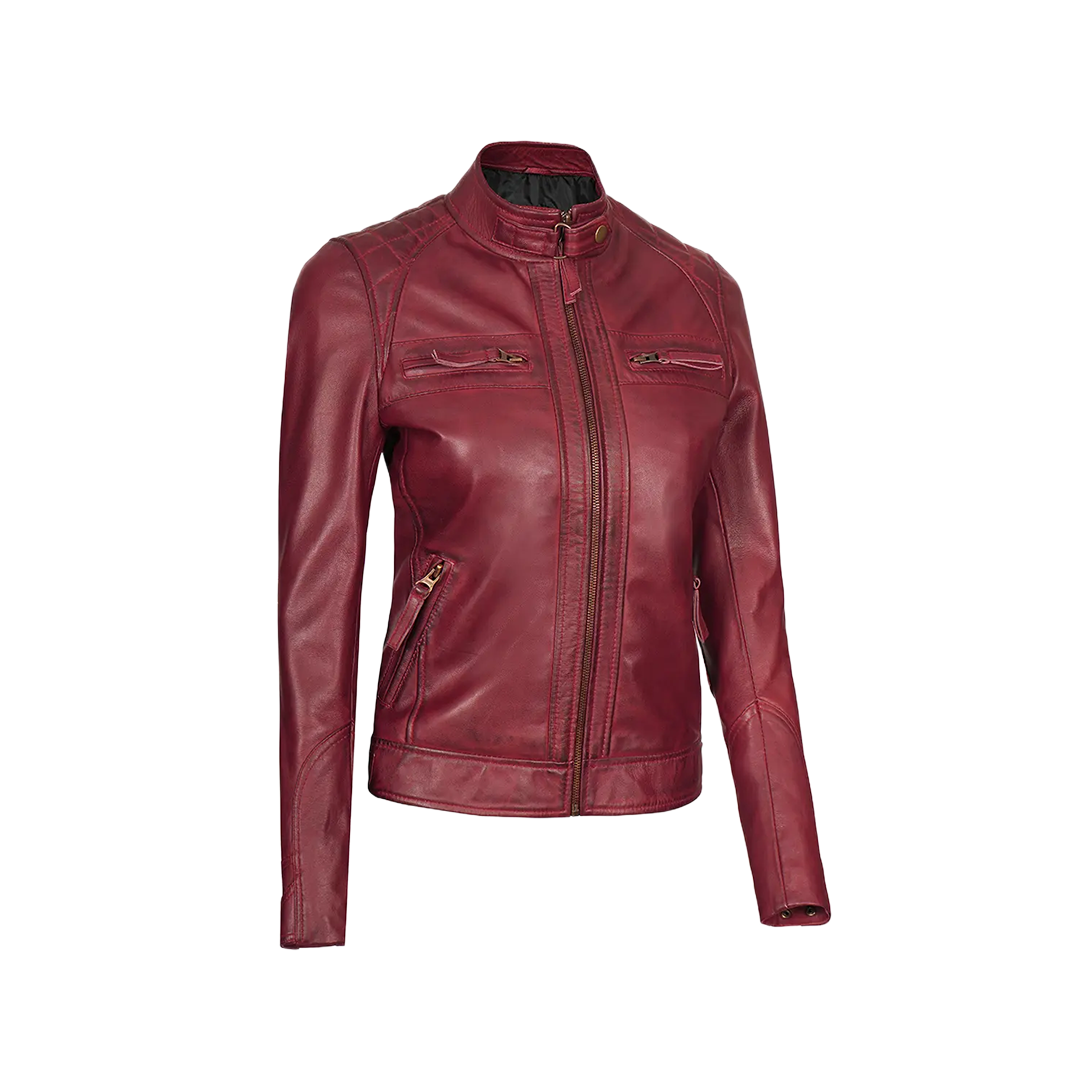 Johnson Women's Burgundy Quilted Cafe Racer Leather Jacket
