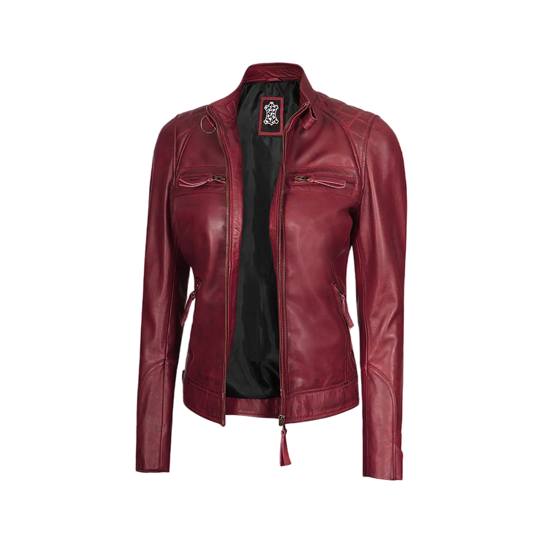 Johnson Women's Burgundy Quilted Cafe Racer Leather Jacket