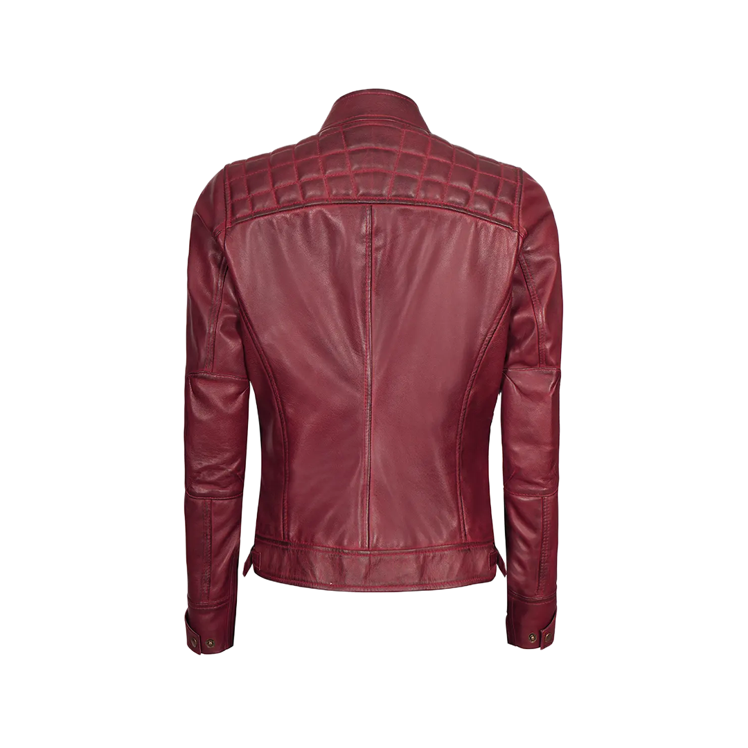 Johnson Women's Burgundy Quilted Cafe Racer Leather Jacket