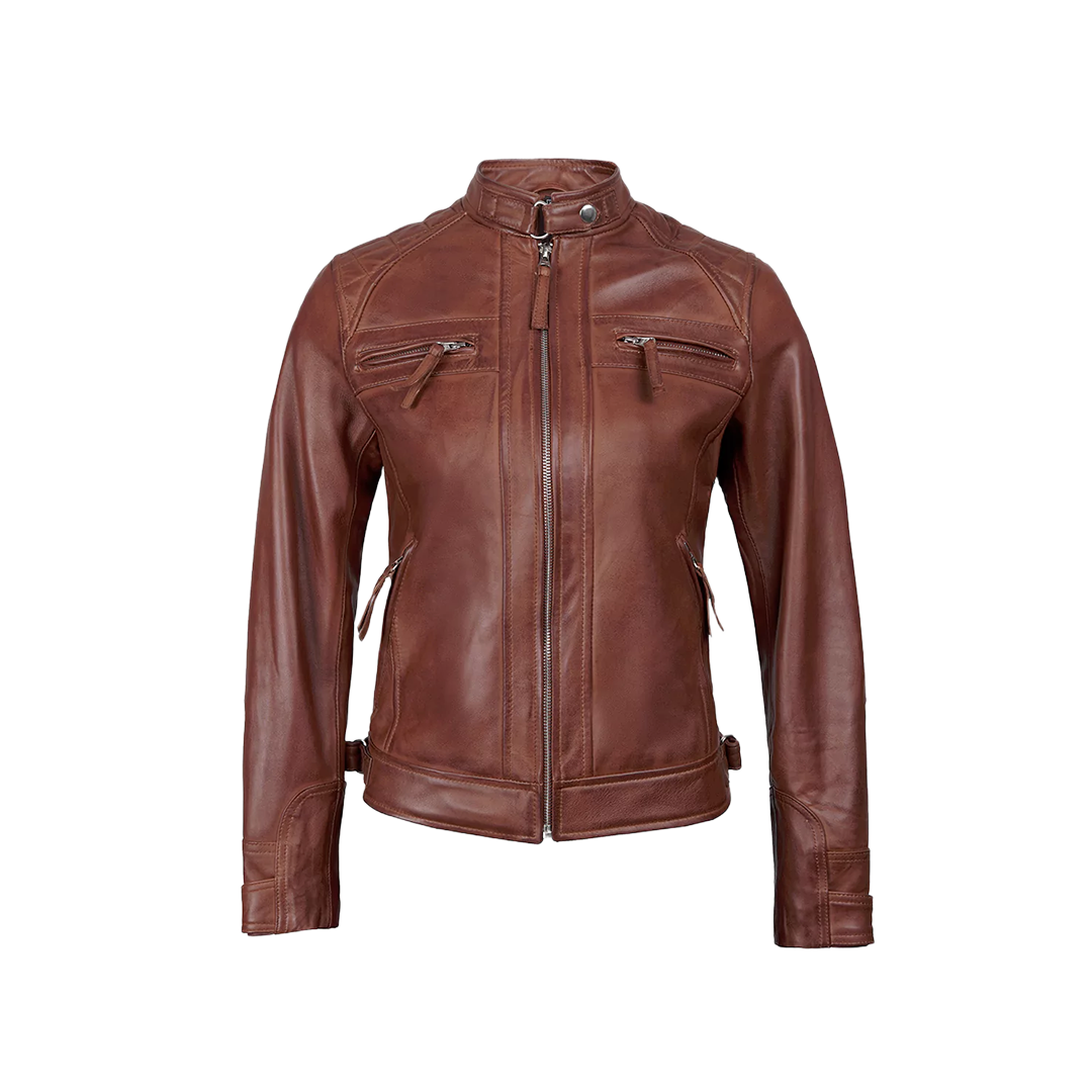 Johnson Women Cognac Quilted Cafe Racer Leather Jacket