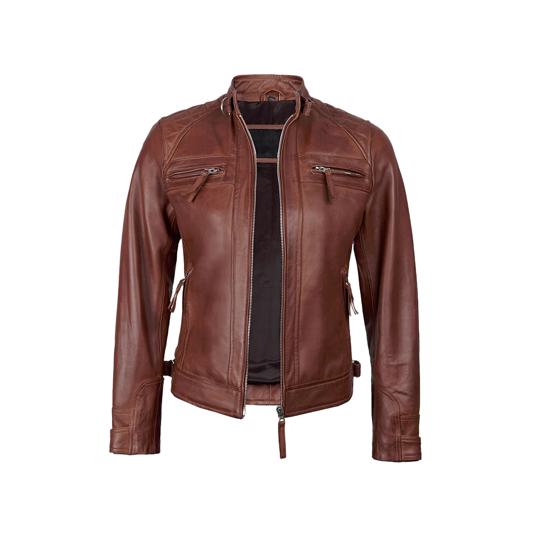 Johnson Women Cognac Quilted Cafe Racer Leather Jacket