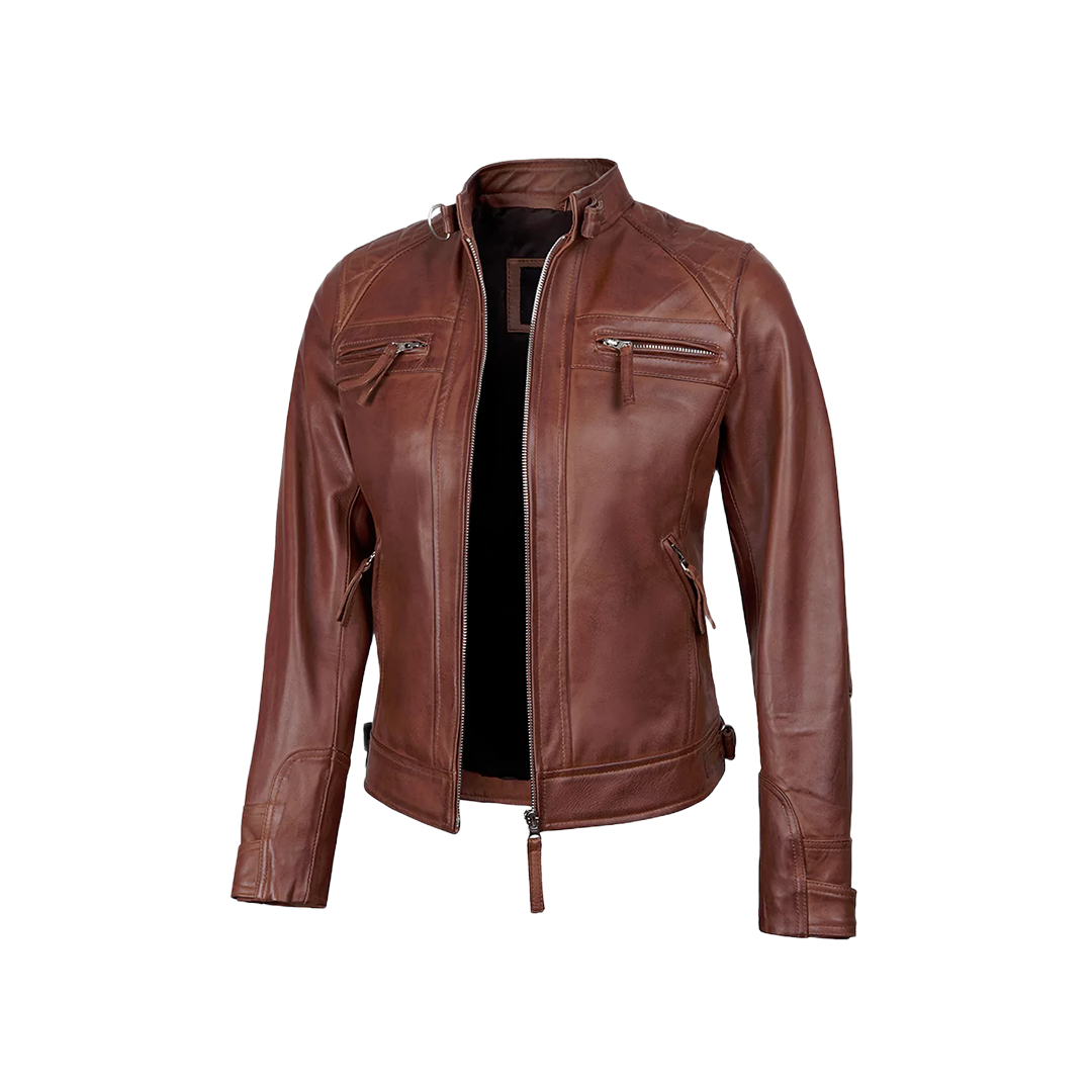 Johnson Women Cognac Quilted Cafe Racer Leather Jacket