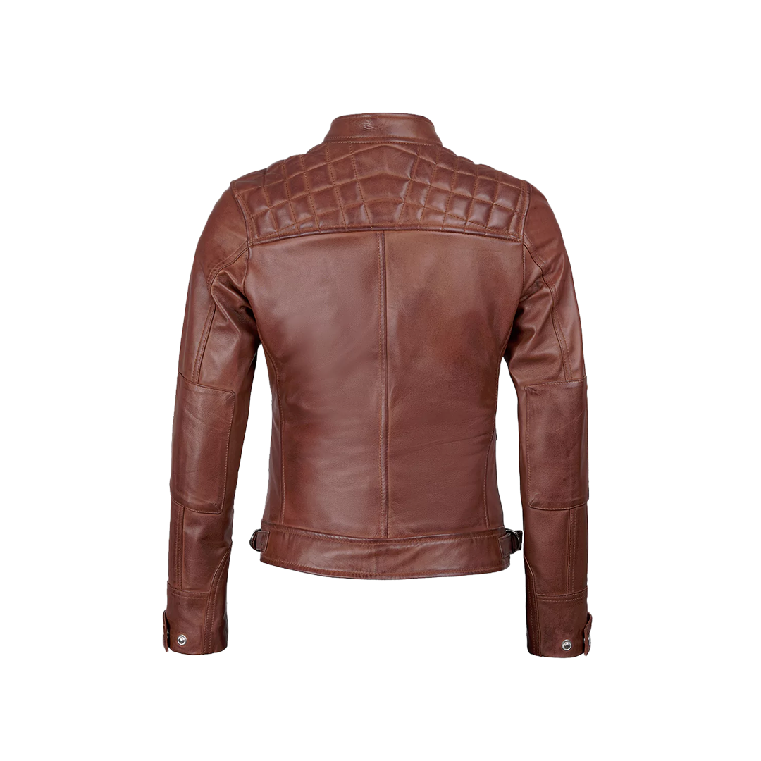 Johnson Women Cognac Quilted Cafe Racer Leather Jacket