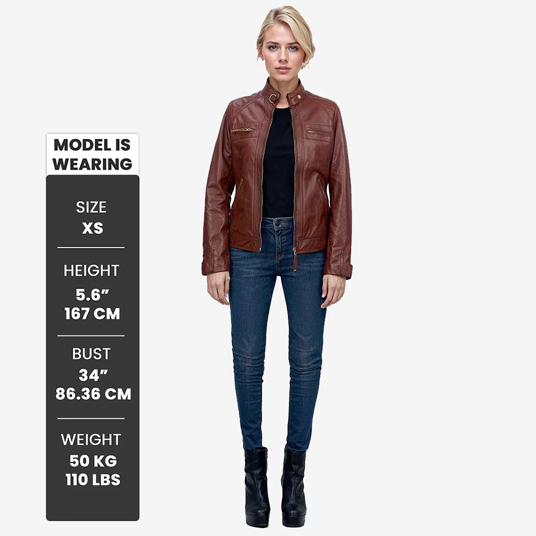 Johnson Women Cognac Quilted Cafe Racer Leather Jacket