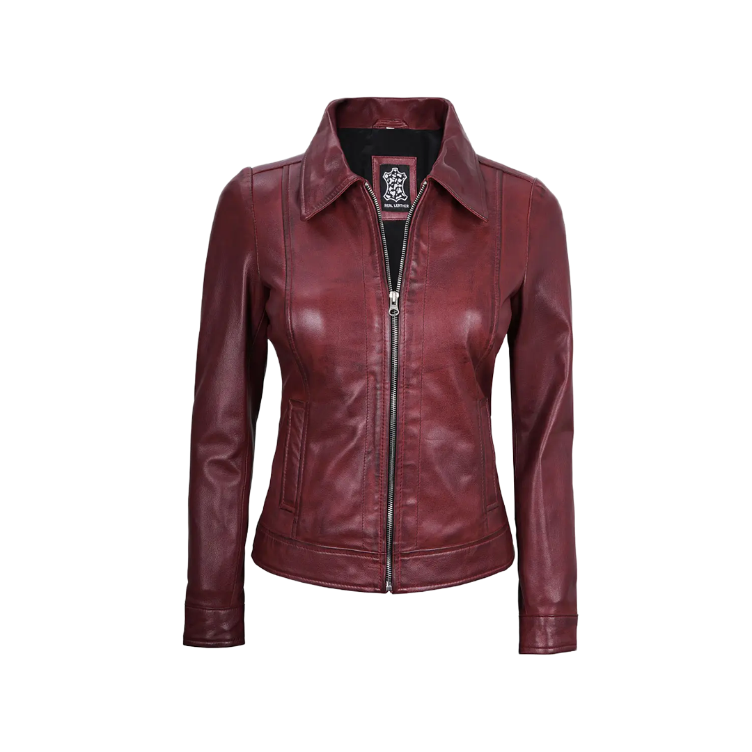 Jose Women's Burgundy Harrington Leather Jacket
