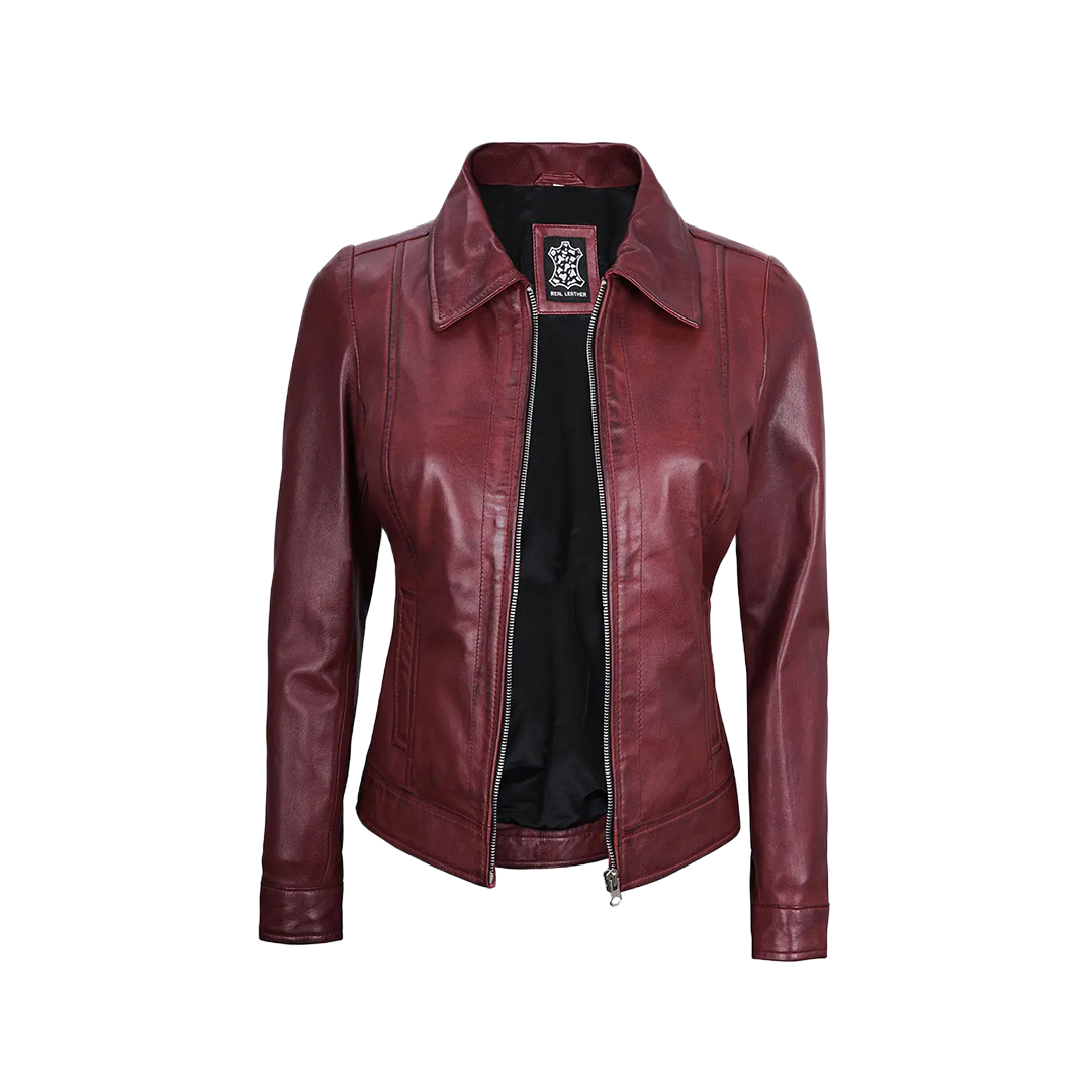 Jose Women's Burgundy Harrington Leather Jacket