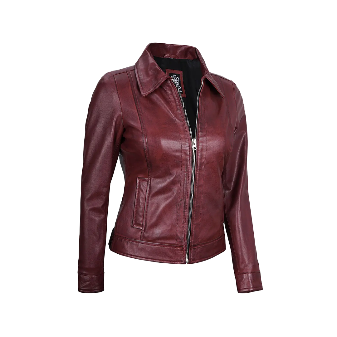 Jose Women's Burgundy Harrington Leather Jacket