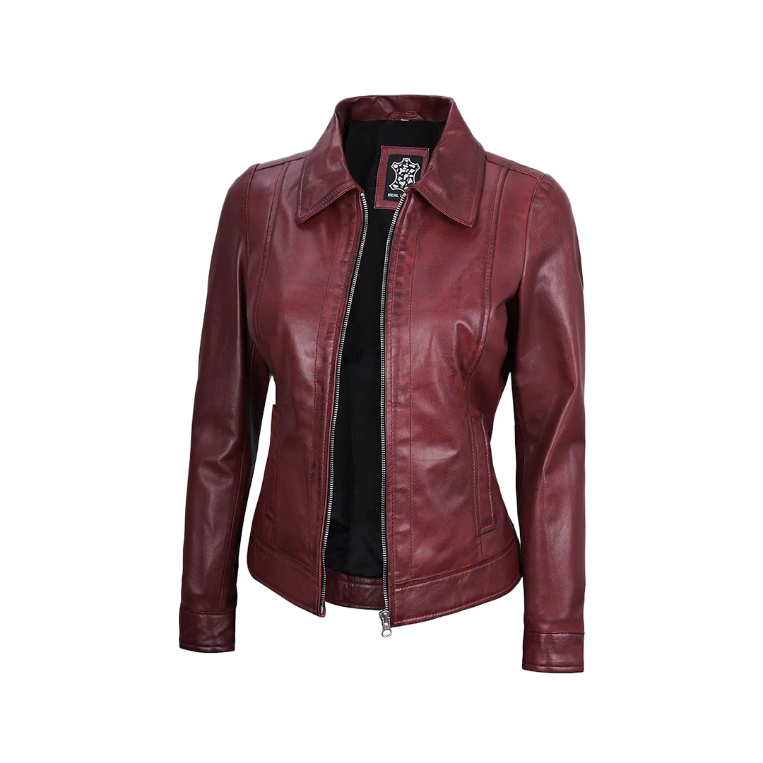 Jose Women's Burgundy Harrington Leather Jacket