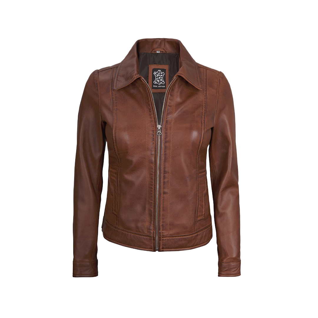 Jose Women's Harrington Lightweight Leather Jacket Cognac Wax