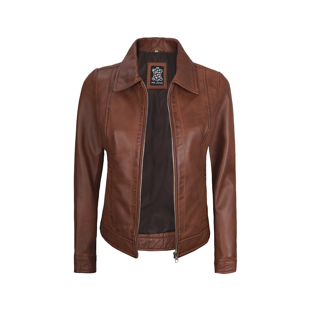Jose Women's Harrington Lightweight Leather Jacket Cognac Wax