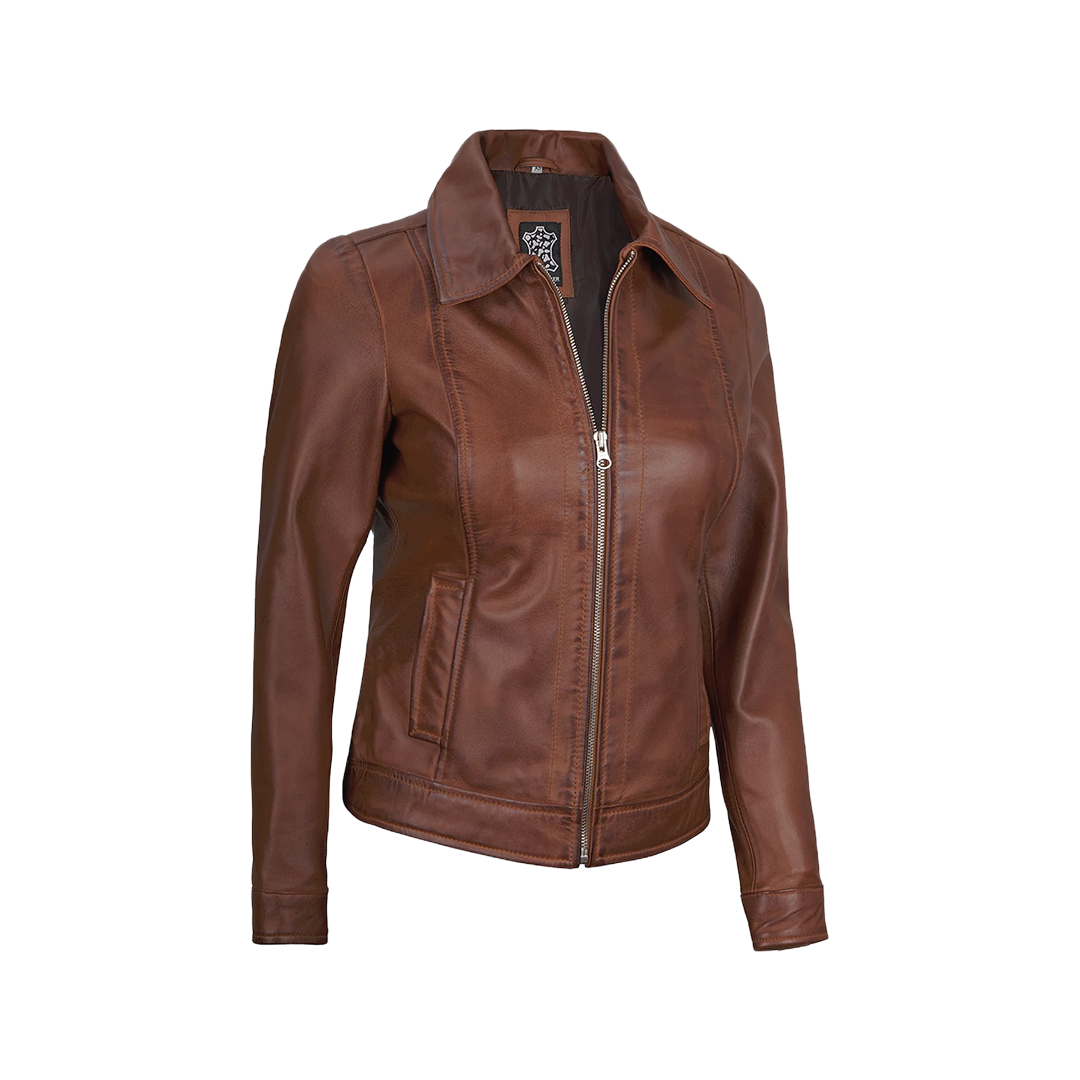 Jose Women's Harrington Lightweight Leather Jacket Cognac Wax