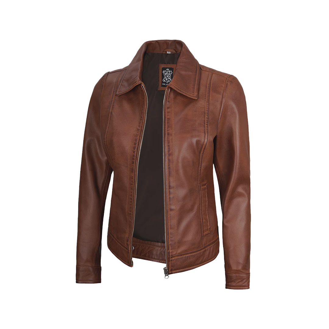 Jose Women's Harrington Lightweight Leather Jacket Cognac Wax