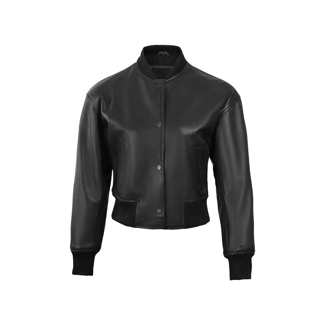 Julee Women's Black Snap Button Cropped Leather Bomber Jacket