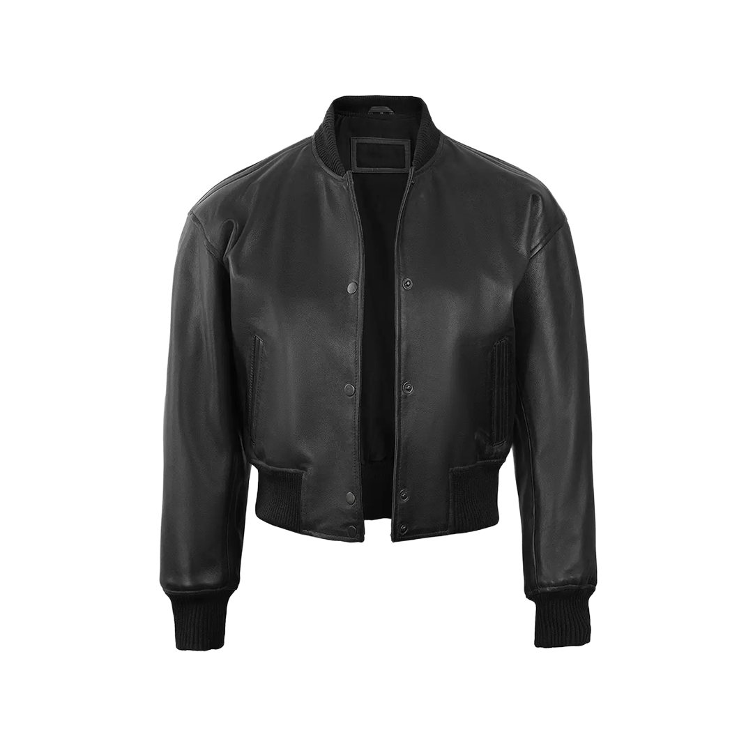 Julee Women's Black Snap Button Cropped Leather Bomber Jacket