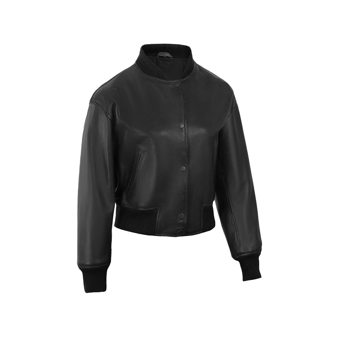 Julee Women's Black Snap Button Cropped Leather Bomber Jacket
