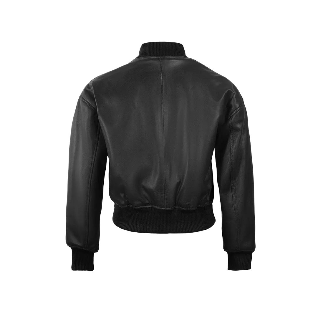 Julee Women's Black Snap Button Cropped Leather Bomber Jacket