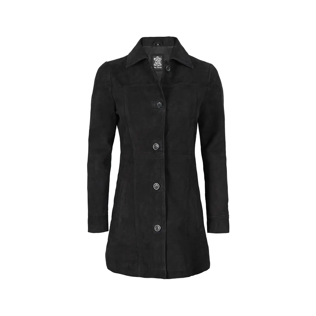 Kandis Women's 3/4 Length Black Suede Car Coat