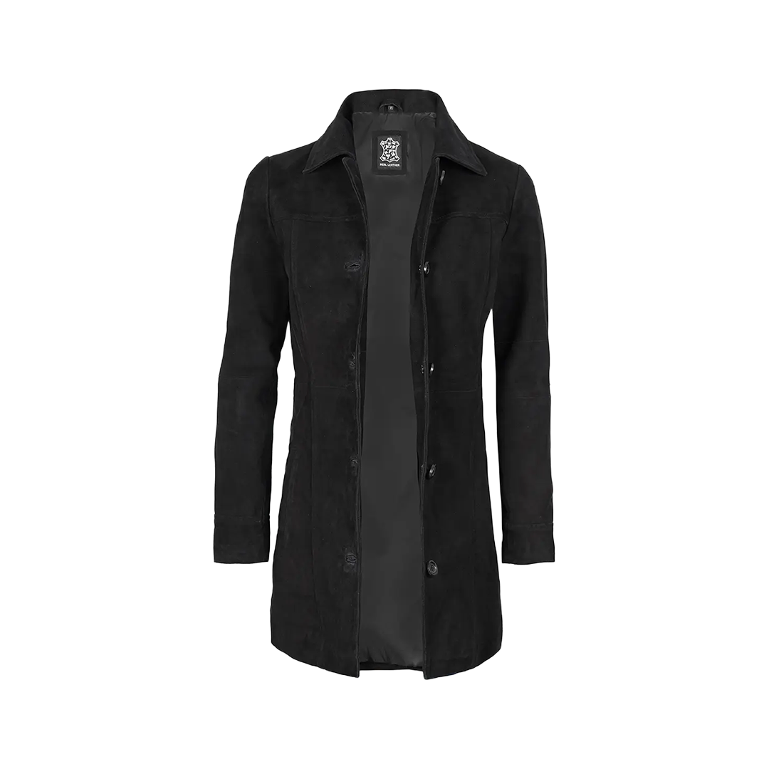Kandis Women's 3/4 Length Black Suede Car Coat