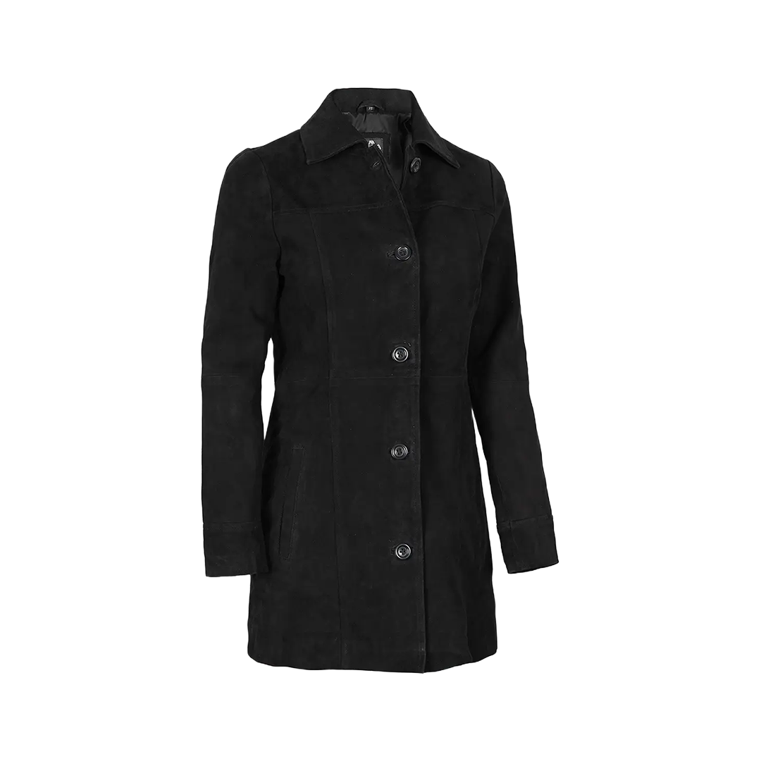 Kandis Women's 3/4 Length Black Suede Car Coat
