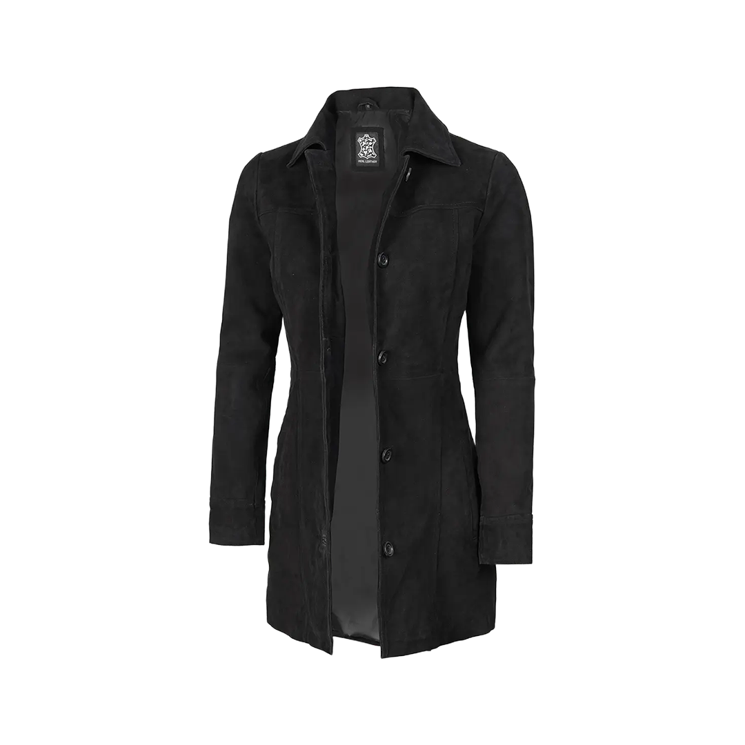Kandis Women's 3/4 Length Black Suede Car Coat