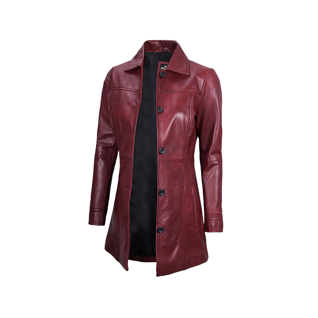 Kandis Women's Burgundy Real Leather Car Coat