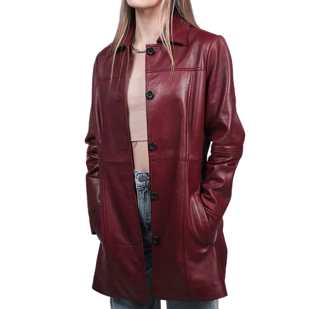 Kandis Women's Burgundy Real Leather Car Coat