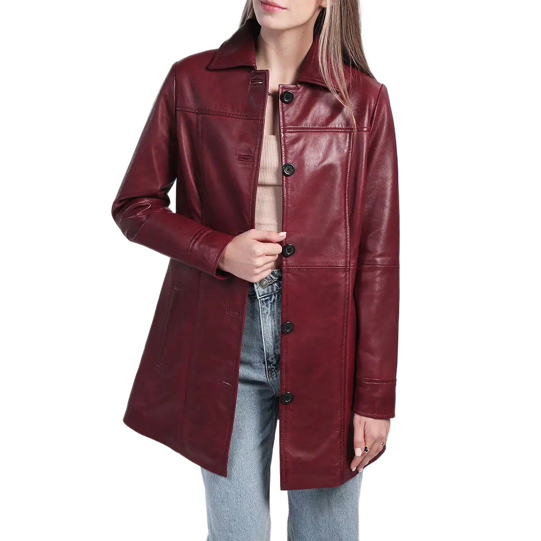 Kandis Women's Burgundy Real Leather Car Coat