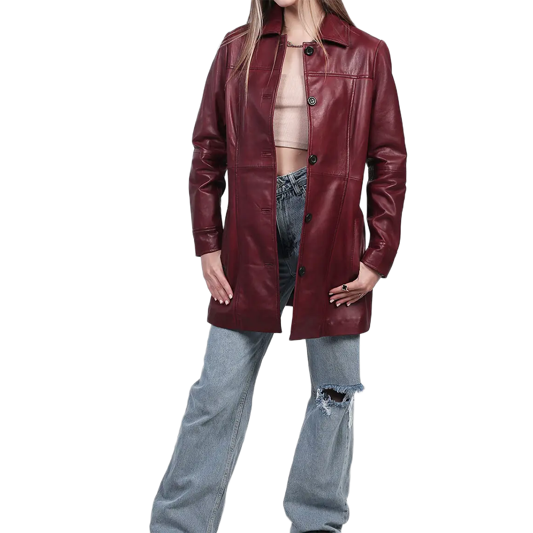 Kandis Women's Burgundy Real Leather Car Coat