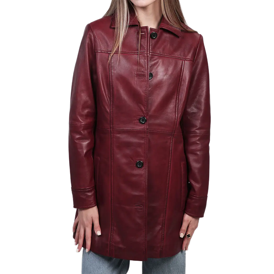 Kandis Women's Burgundy Real Leather Car Coat