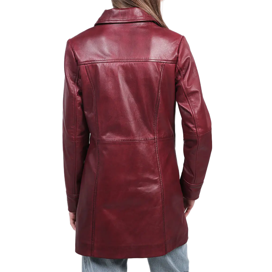 Kandis Women's Burgundy Real Leather Car Coat