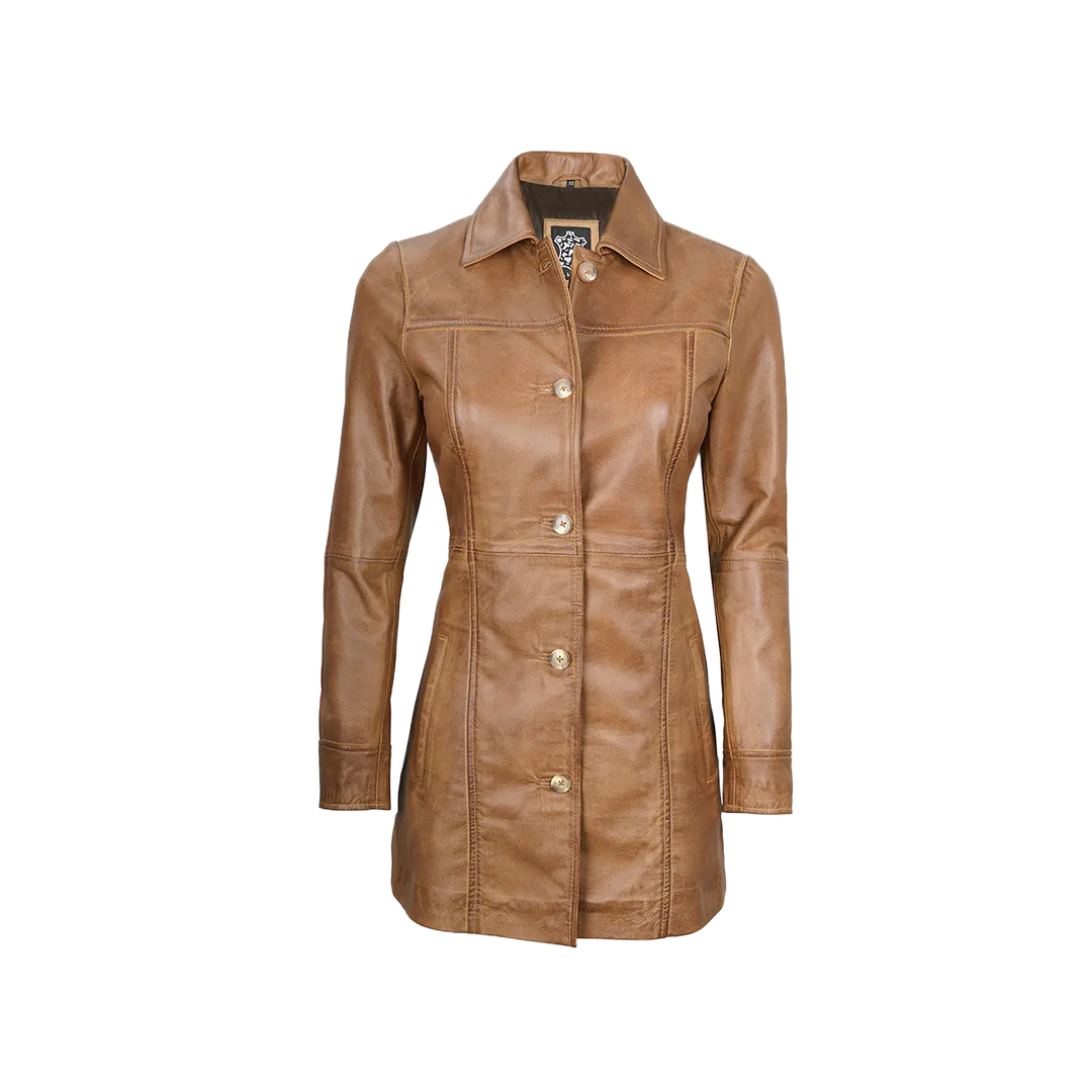 Kandis Women's Camel Brown Real Leather Car Coat