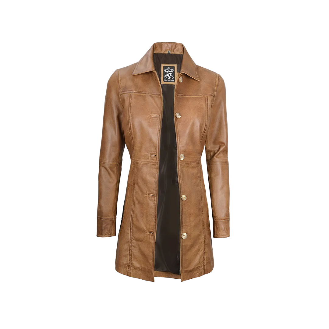 Kandis Women's Camel Brown Real Leather Car Coat