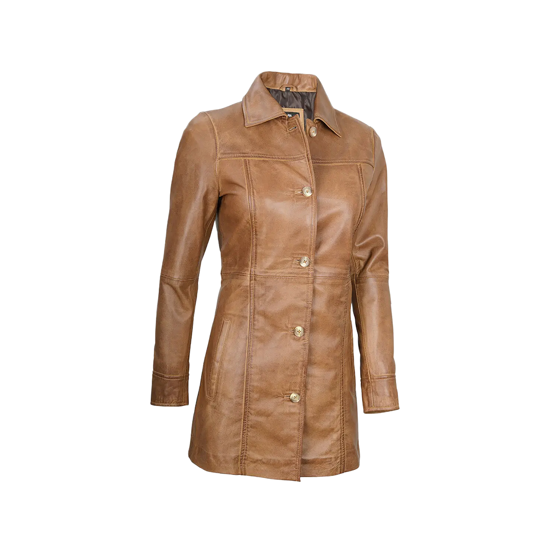 Kandis Women's Camel Brown Real Leather Car Coat