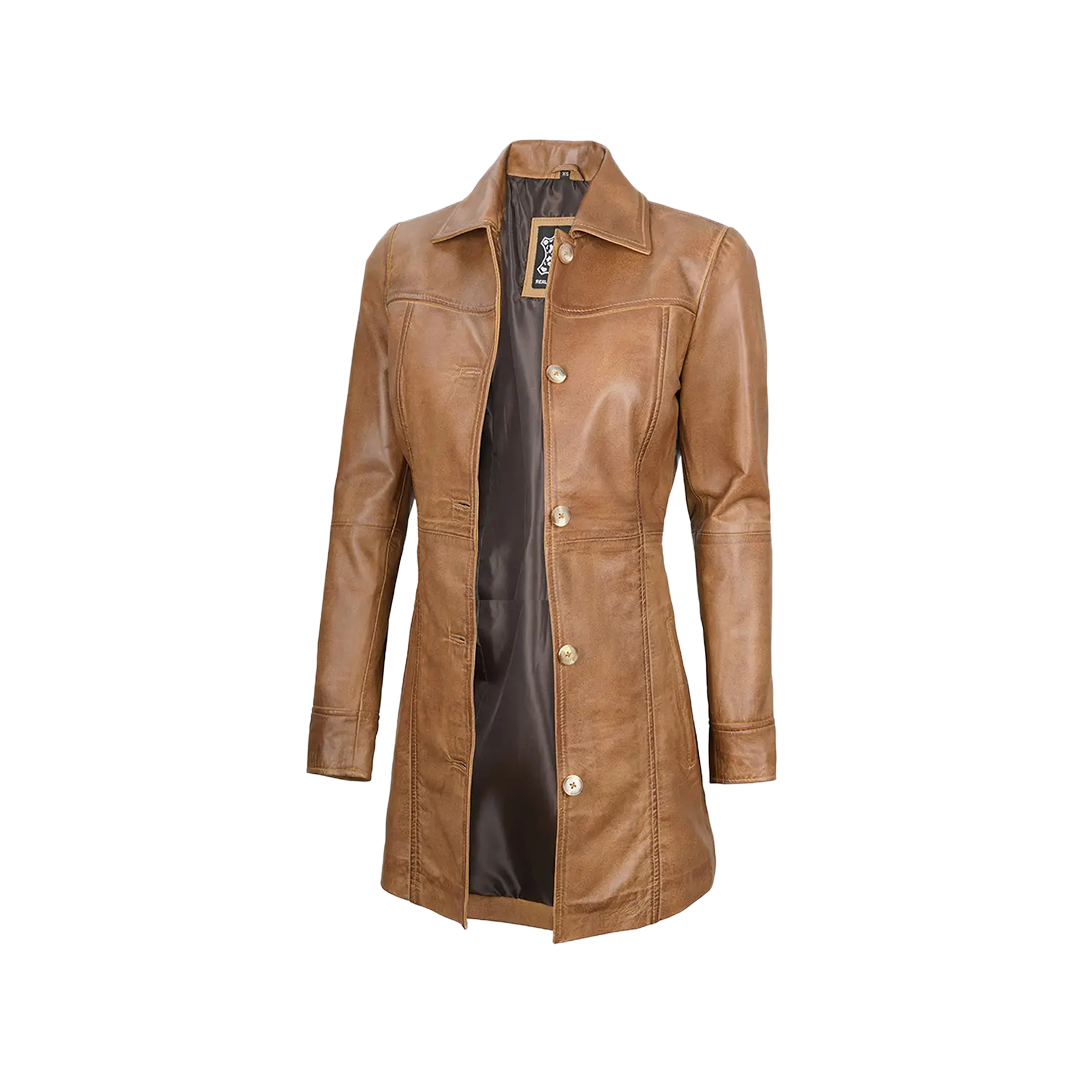 Kandis Women's Camel Brown Real Leather Car Coat