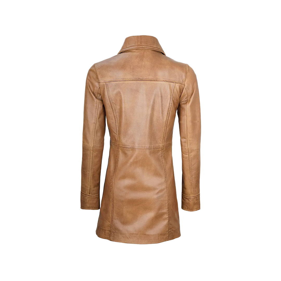 Kandis Women's Camel Brown Real Leather Car Coat