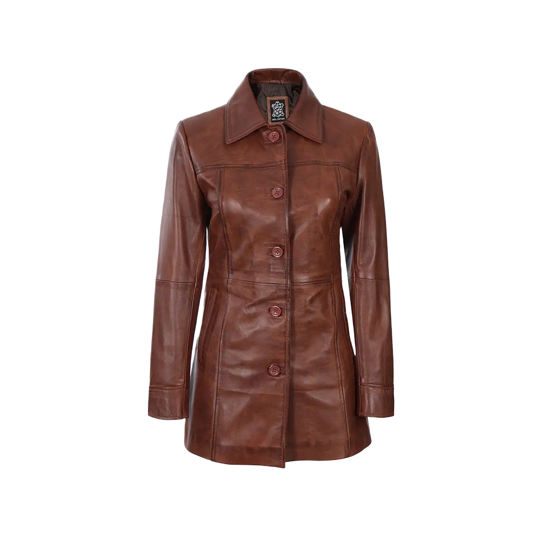 Kandis Women's Cognac Brown Leather Car Coat