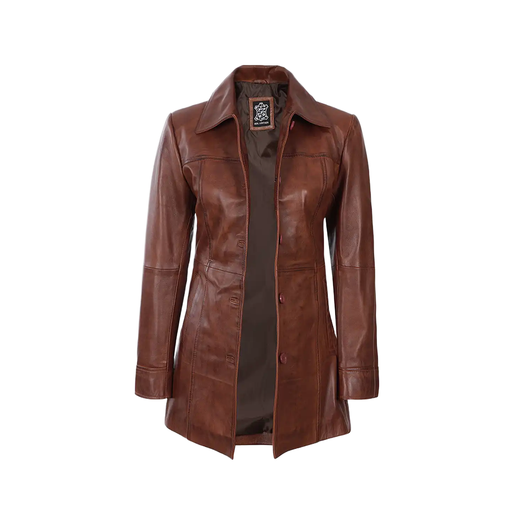 Kandis Women's Cognac Brown Leather Car Coat