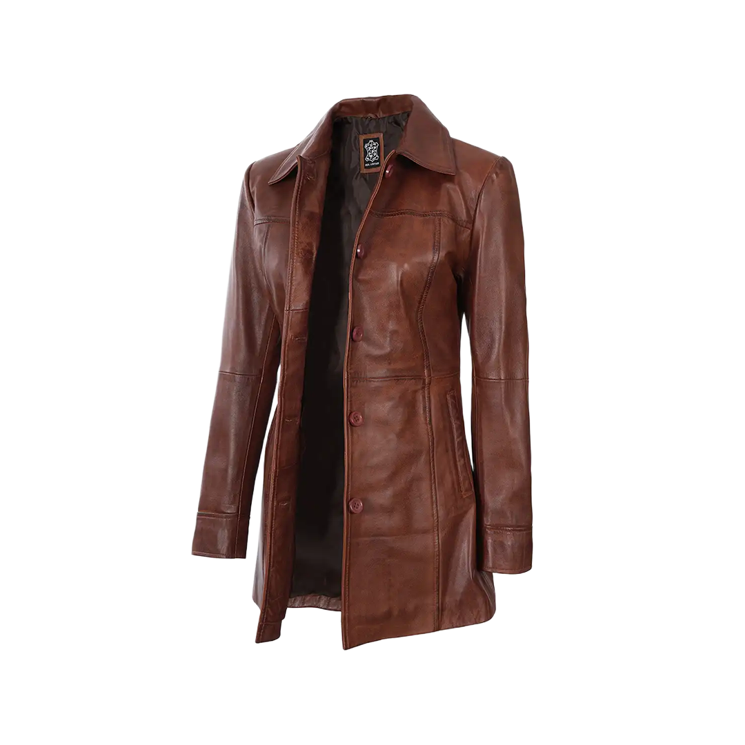 Kandis Women's Cognac Brown Leather Car Coat