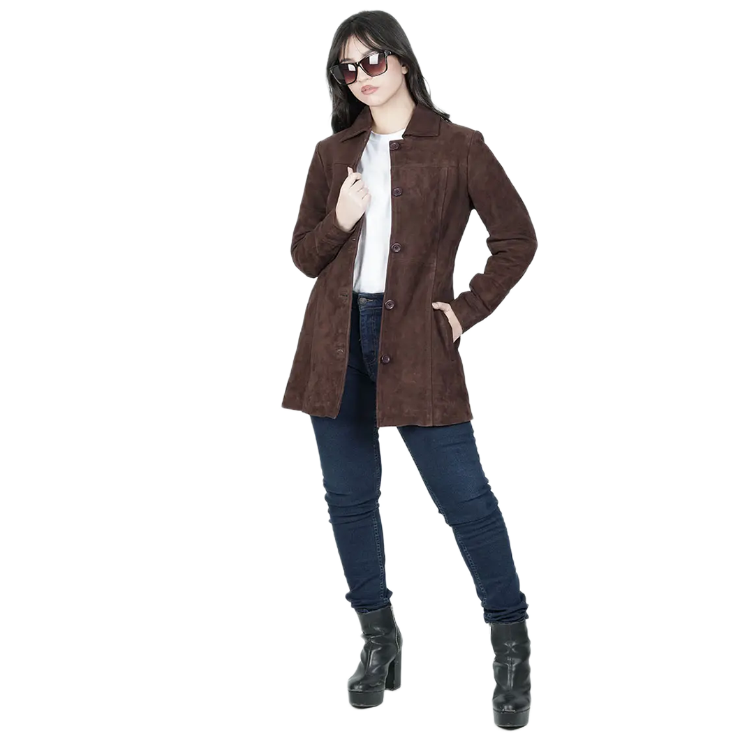 Kandis Women's Dark Brown Suede Car Coat