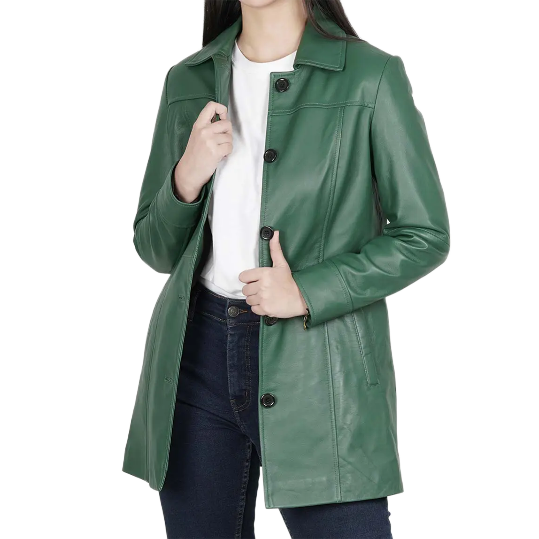 Kandis Women's Green Real Leather Car Coat