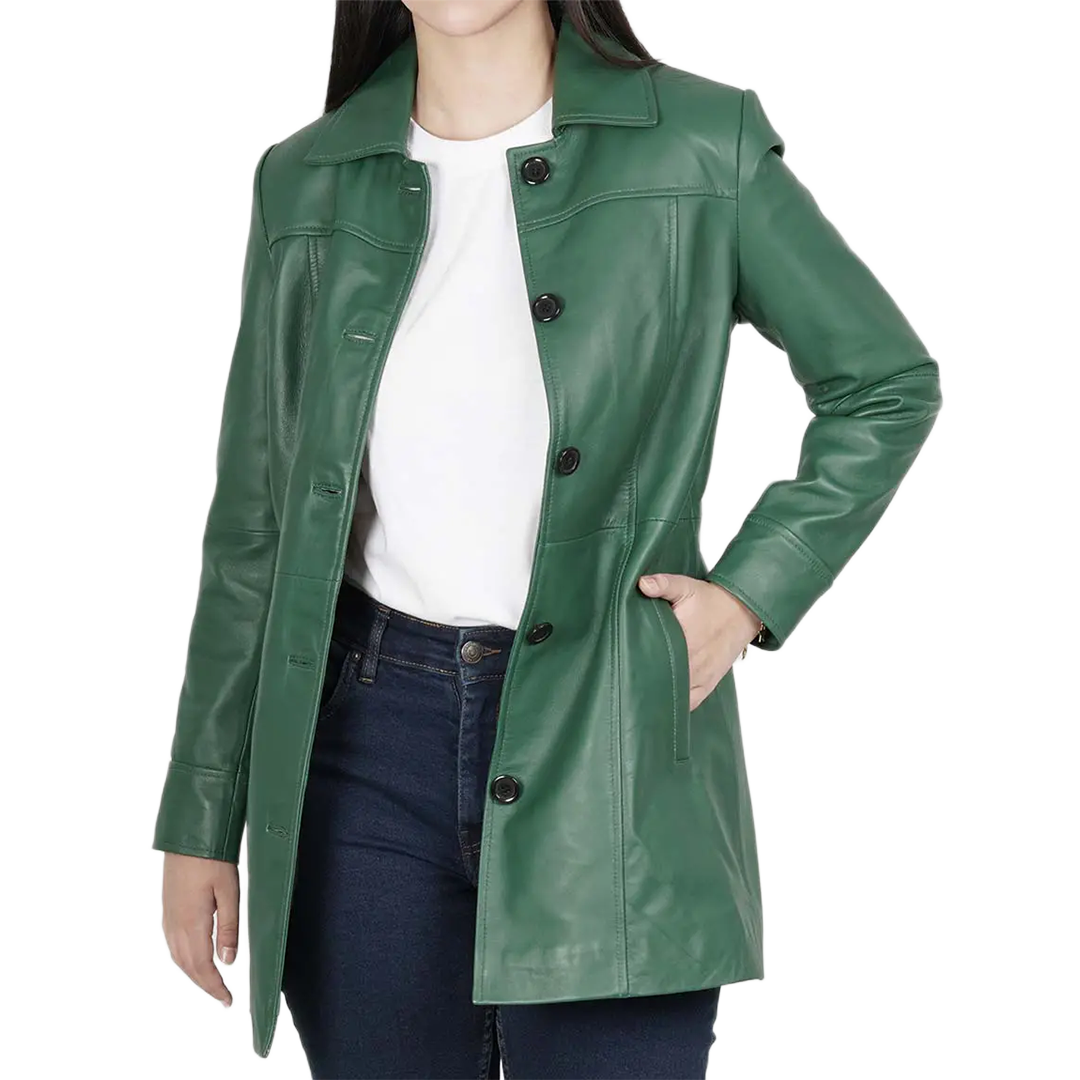 Kandis Women's Green Real Leather Car Coat