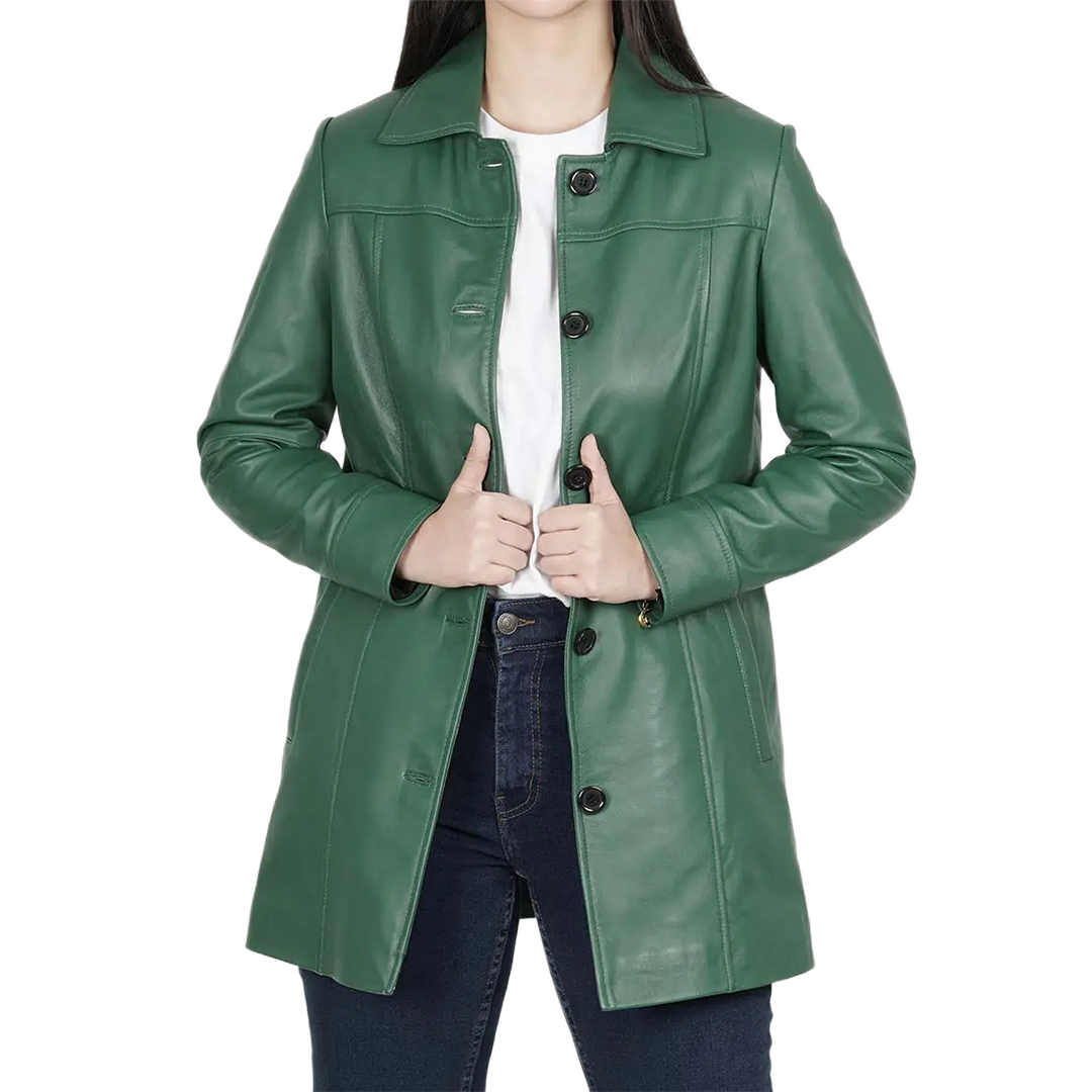 Kandis Women's Green Real Leather Car Coat
