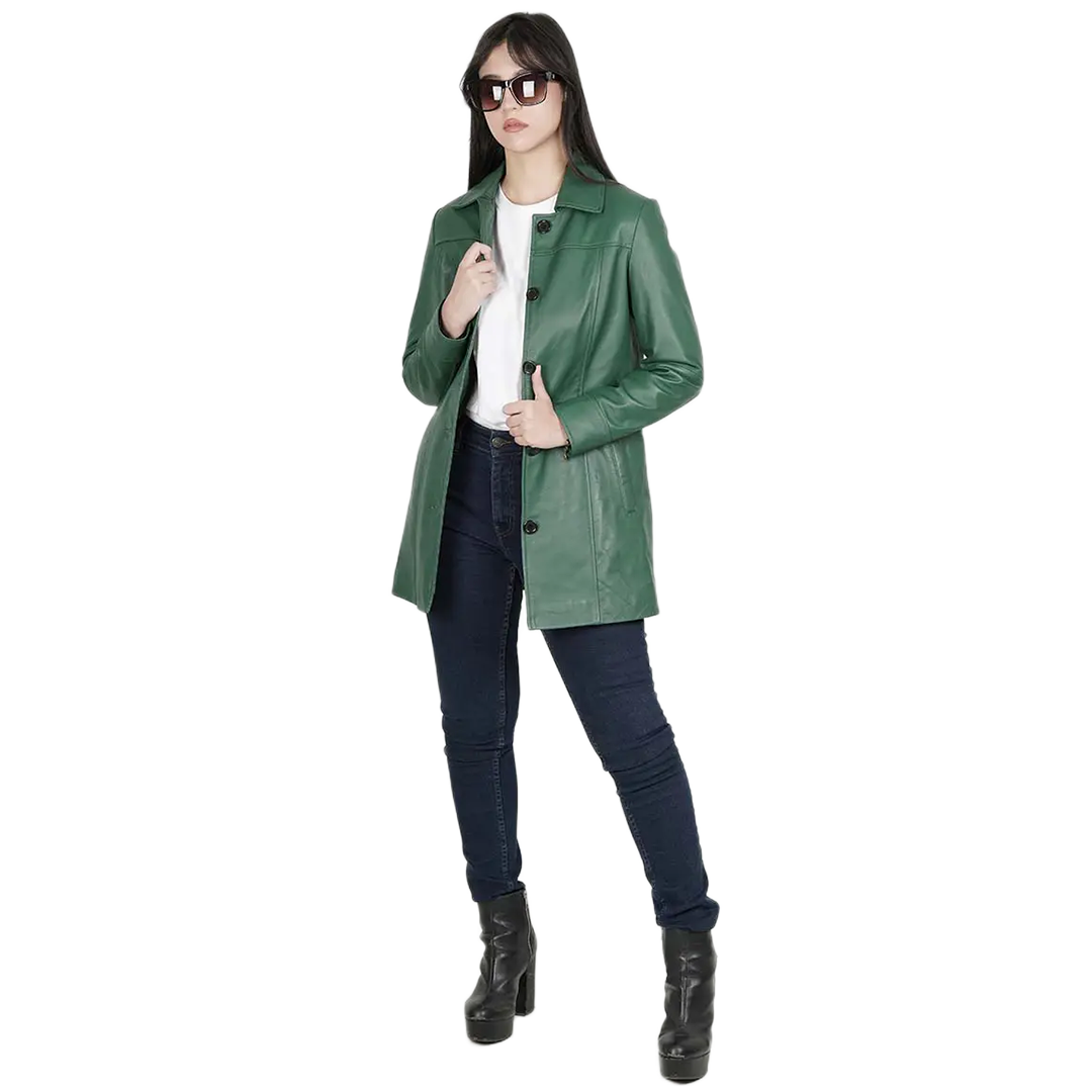 Kandis Women's Green Real Leather Car Coat