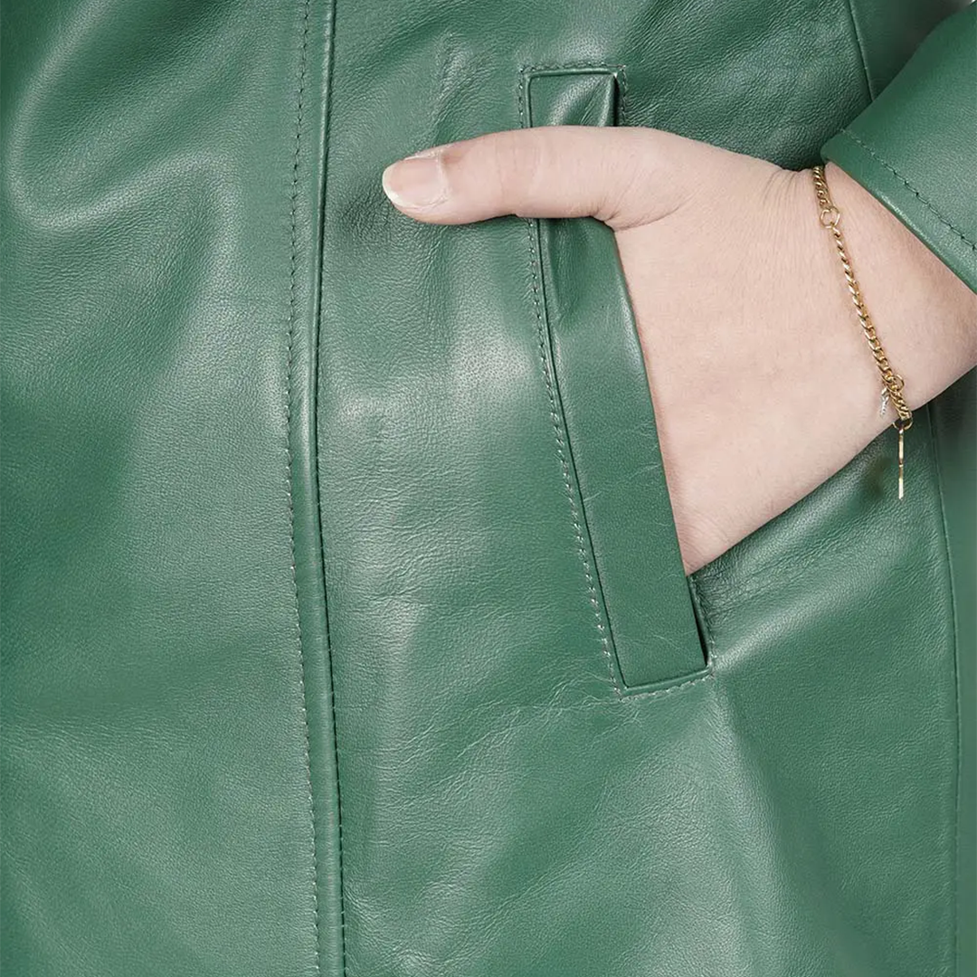 Kandis Women's Green Real Leather Car Coat