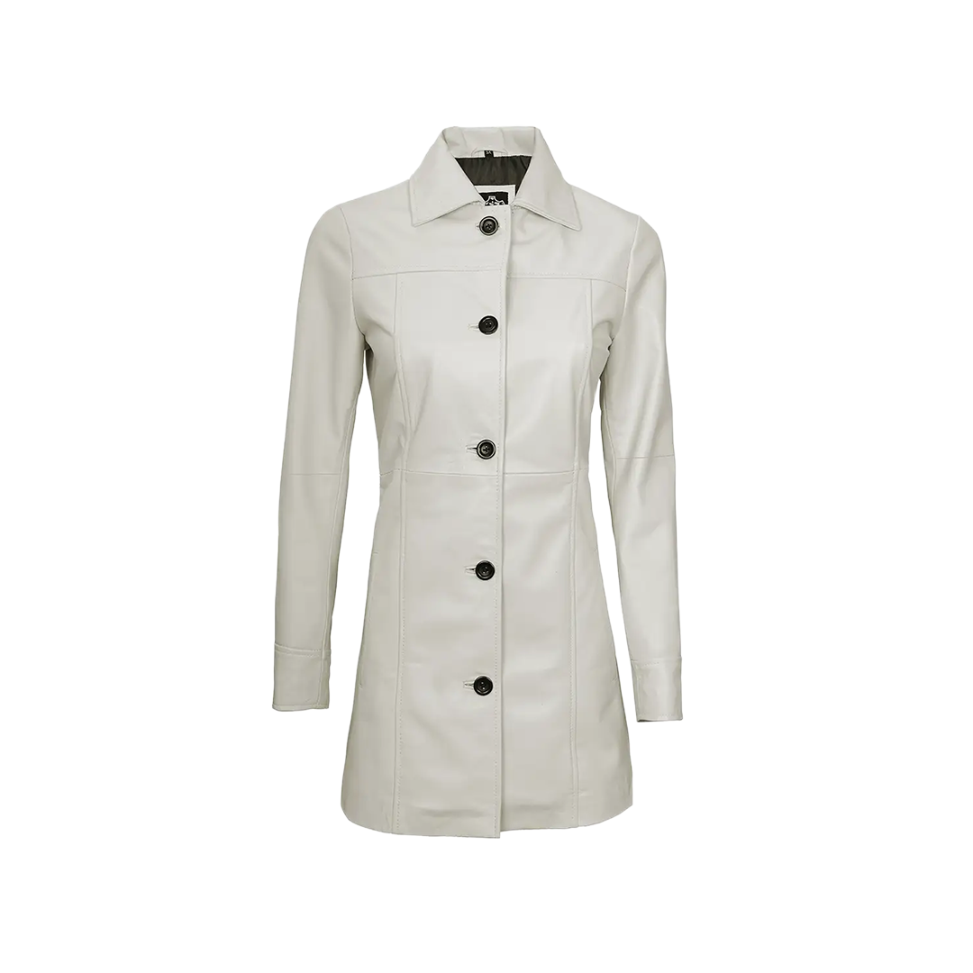 Kandis Women's Off White Real Leather Car Coat