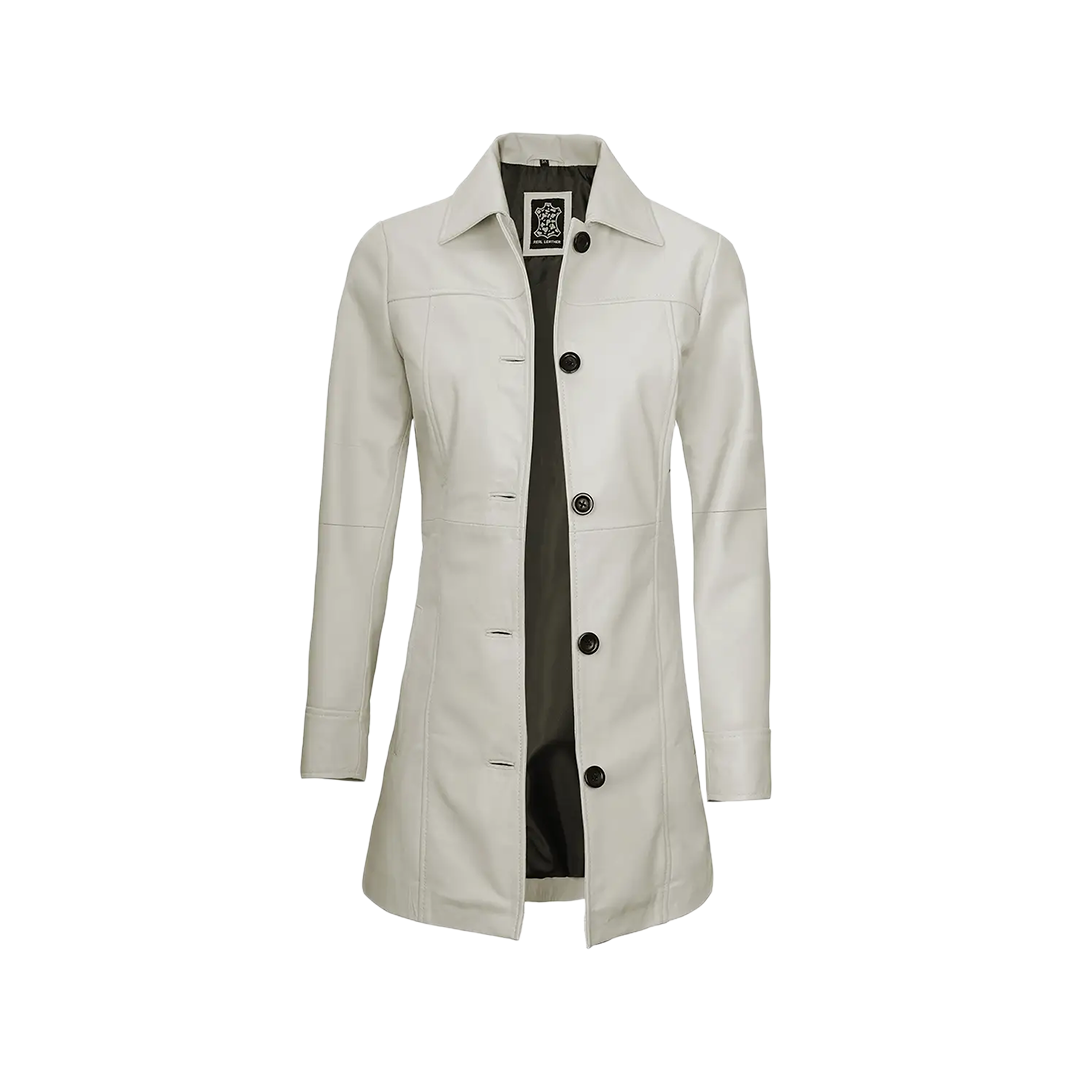 Kandis Women's Off White Real Leather Car Coat