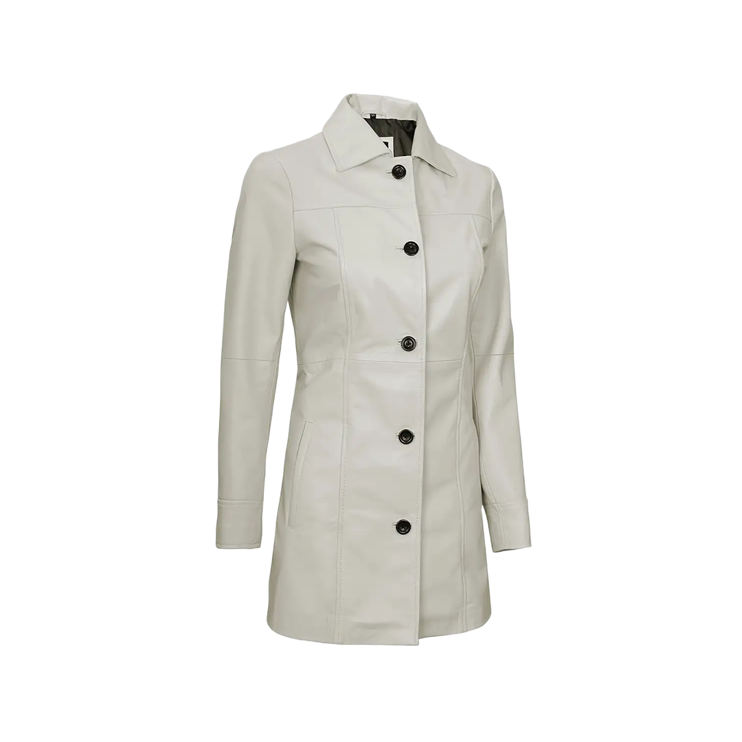 Kandis Women's Off White Real Leather Car Coat