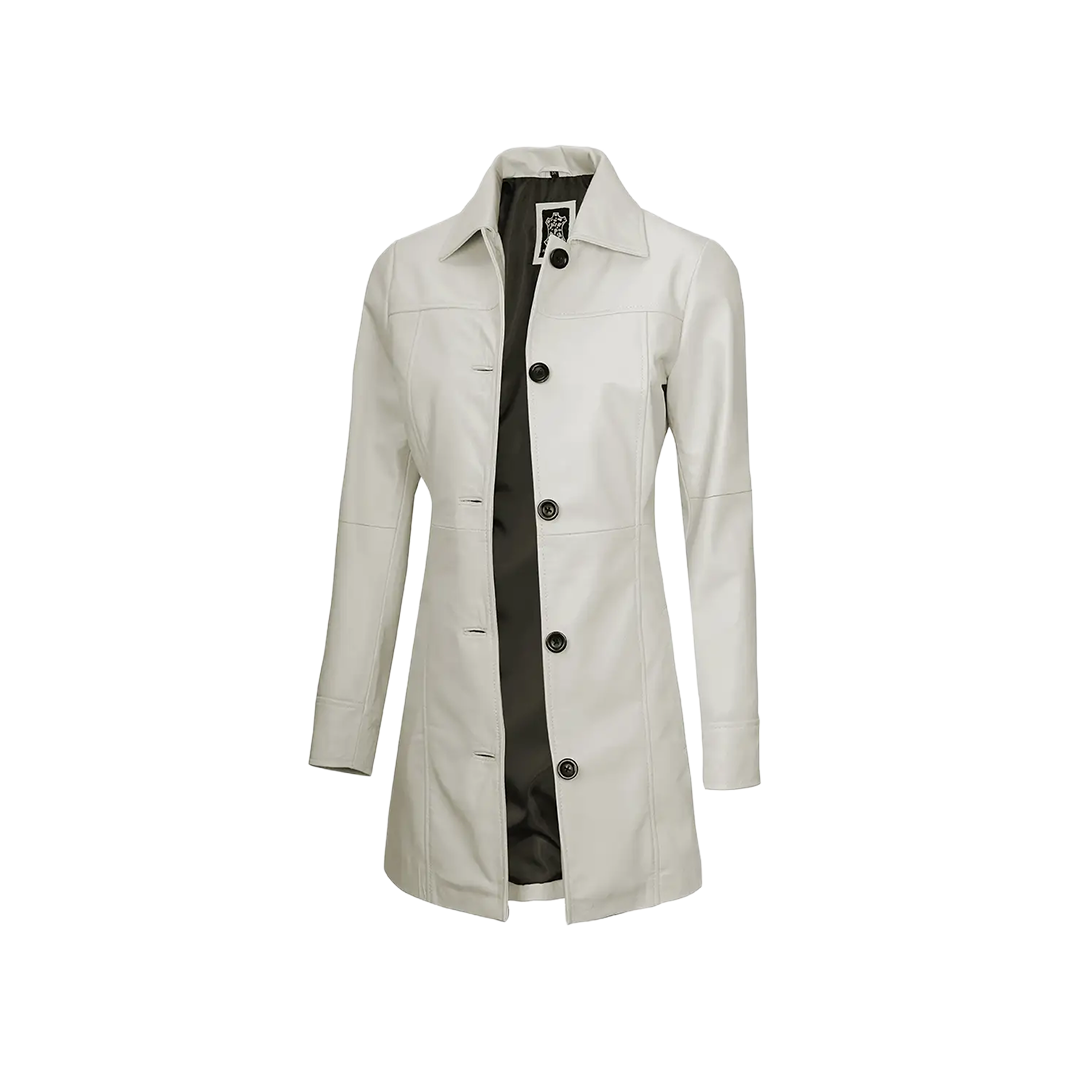 Kandis Women's Off White Real Leather Car Coat