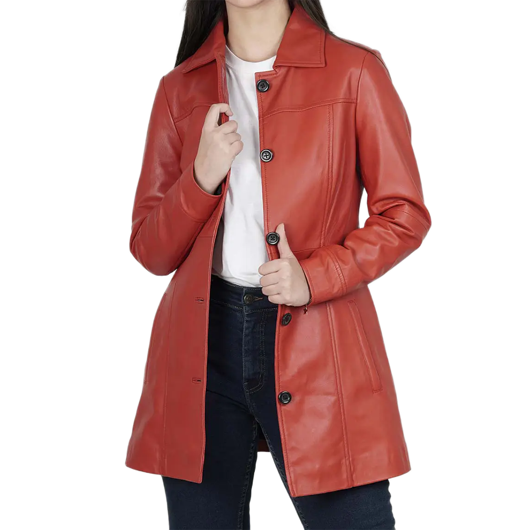 Kandis Women's Red Real Leather Car Coat
