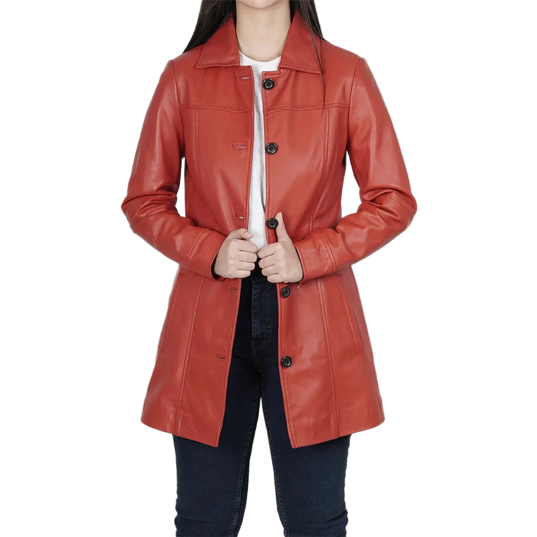 Kandis Women's Red Real Leather Car Coat
